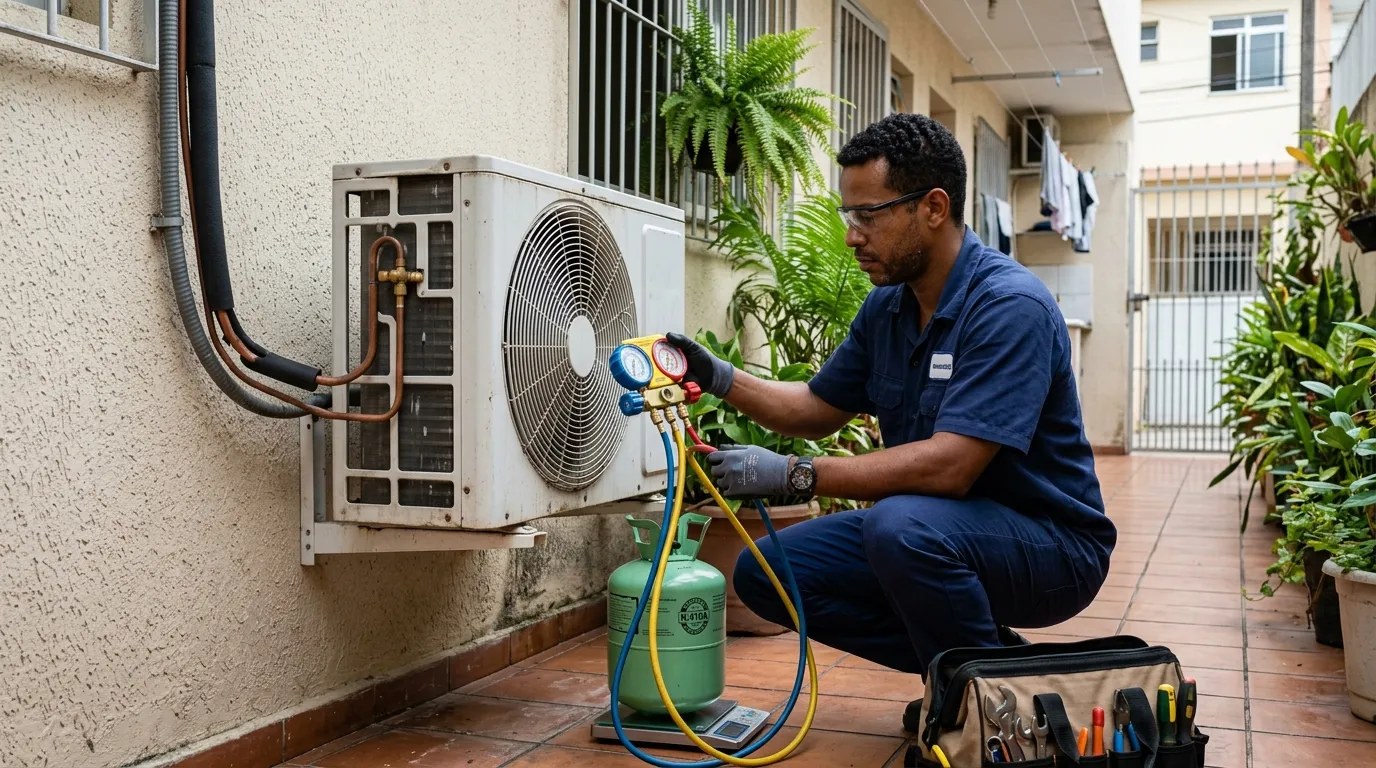 Técnico fazendo carga de gás na condensadora do ar-condicionado em Porto Alegre‑RS
