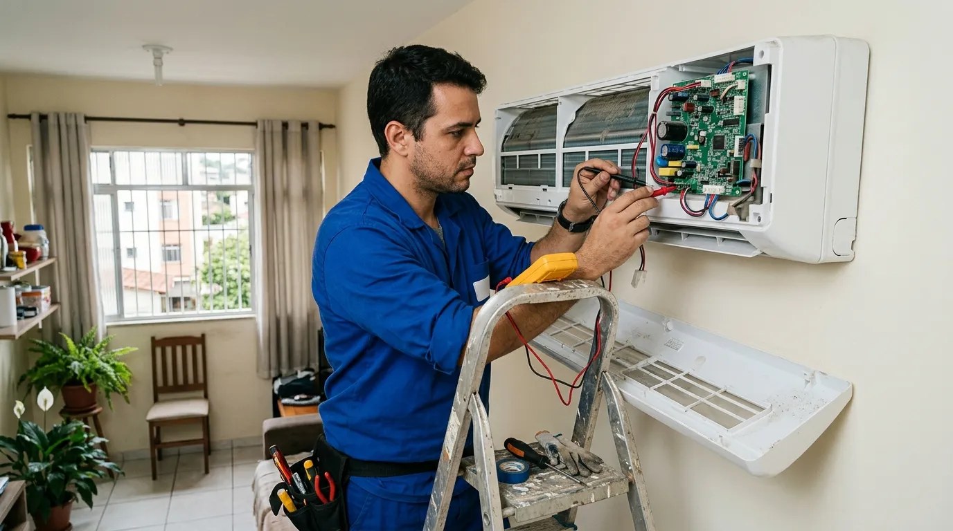 Técnico trocando a placa eletrônica de ar-condicionado split em Porto Alegre‑RS