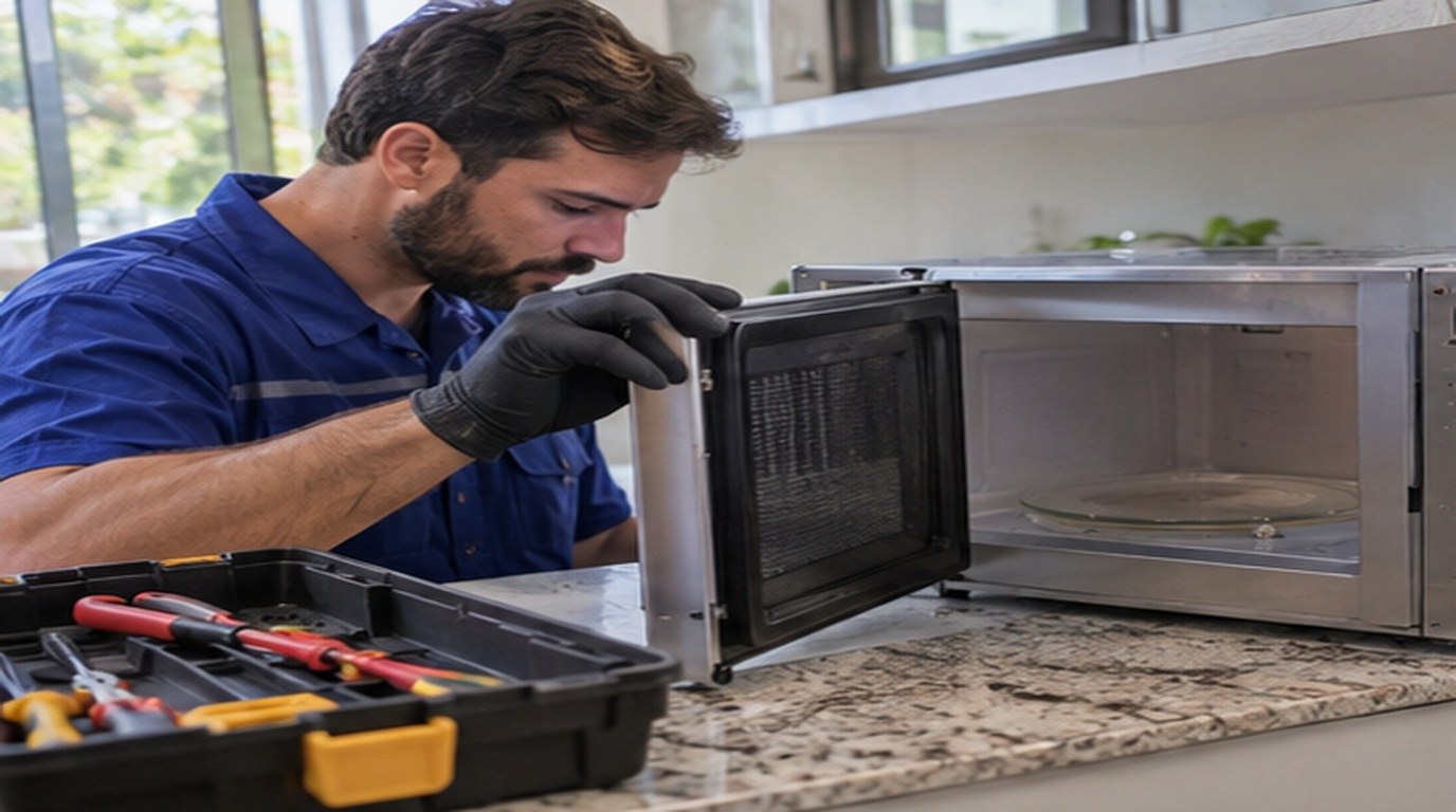 Conserto de micro-ondas em Porto Alegre‑RS: técnico abrindo um micro-ondas de bancada
