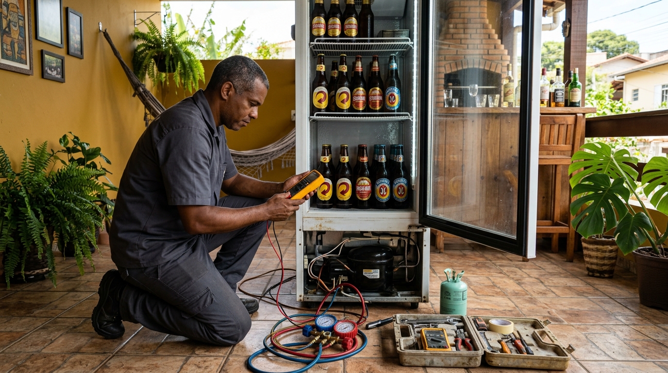 Placa eletrônica de cervejeira em reparo na bancada no Sétimo Céu, Porto Alegre‑RS
