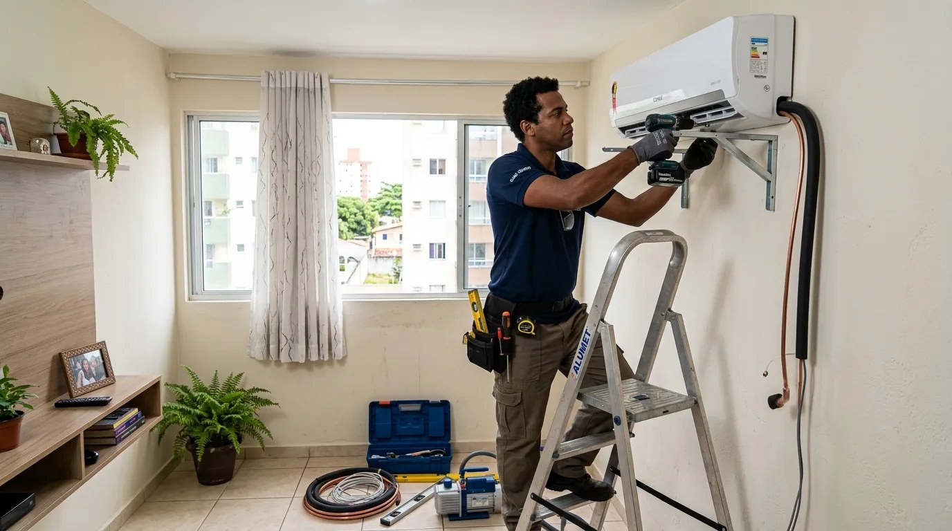 Técnico instalando ar-condicionado split em residência em Porto Alegre‑RS