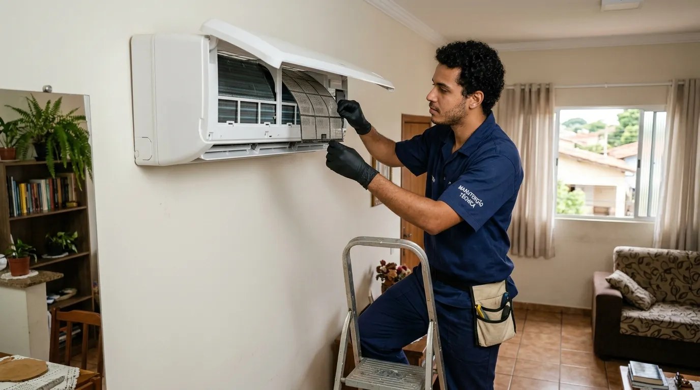 Técnico fazendo limpeza e higienização de ar-condicionado split em Porto Alegre‑RS