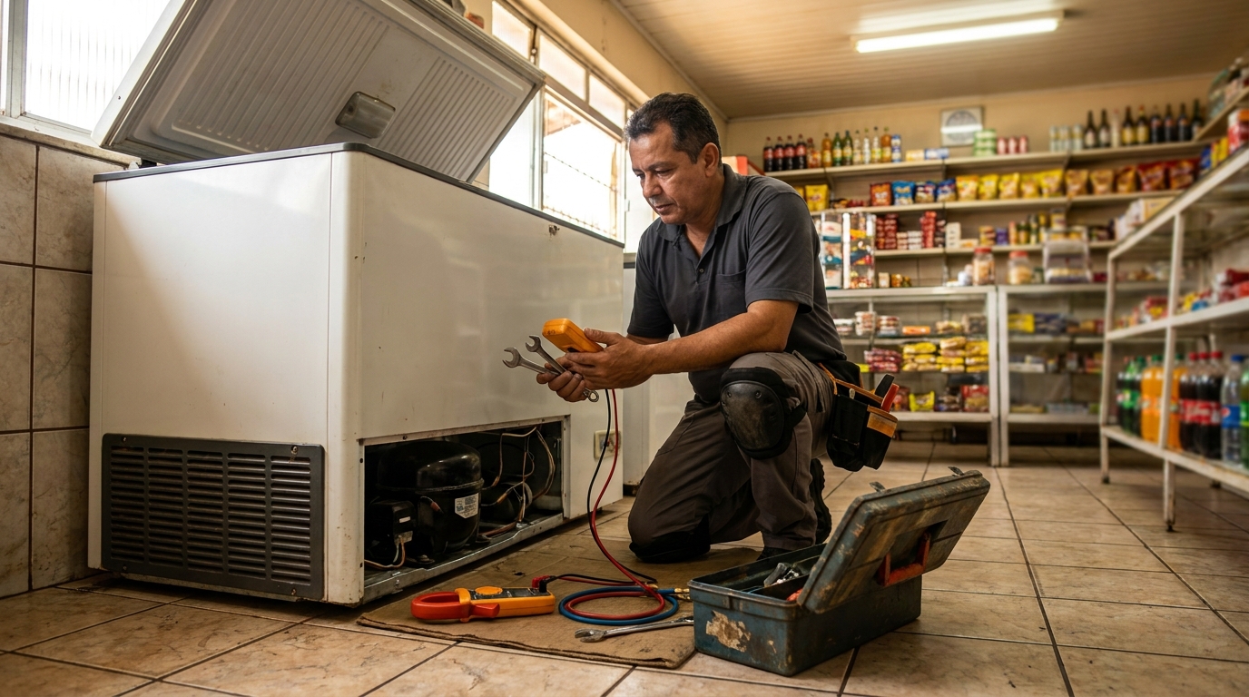 Técnico reparando o motor de um freezer horizontal em Porto Alegre‑RS