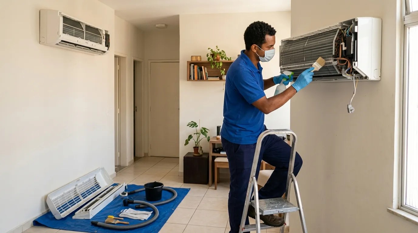 Técnico fazendo manutenção de ar-condicionado split em Porto Alegre‑RS