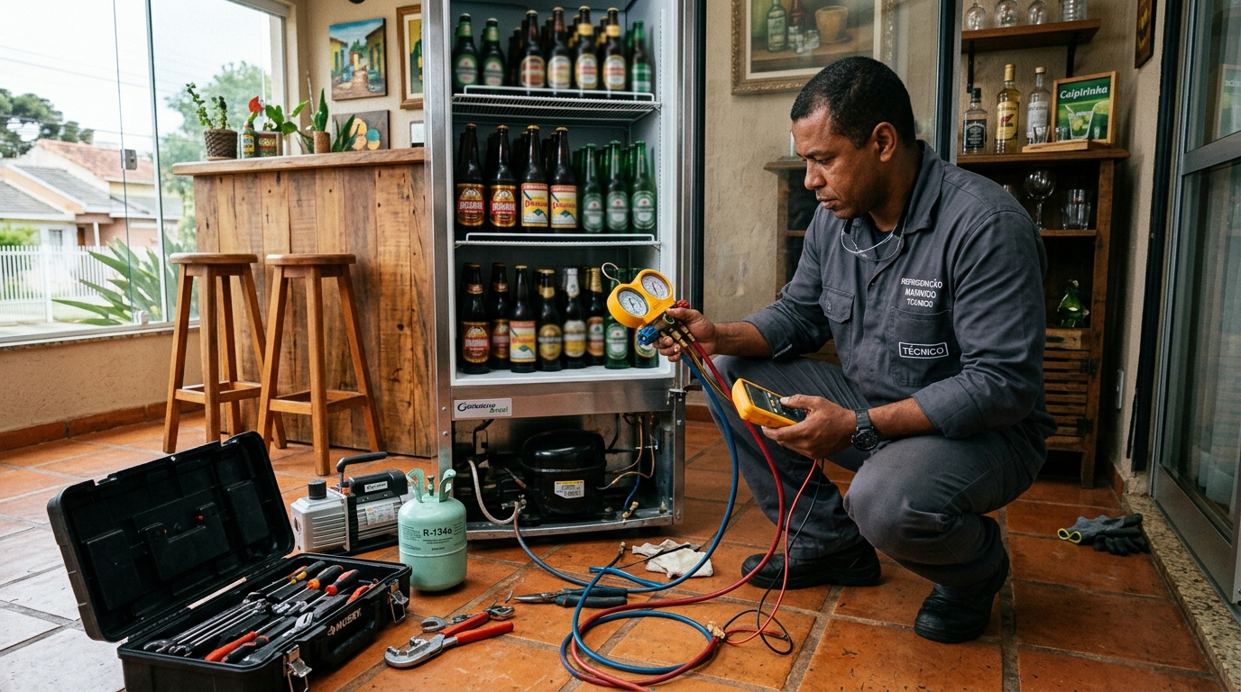 Técnico conferindo a temperatura de uma cervejeira durante atendimento no Sétimo Céu, Porto Alegre‑RS